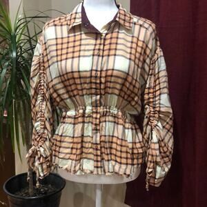 Free People We the Free Peach Plaid Flannel Top Snap Front 3/4 Sleeves size XS